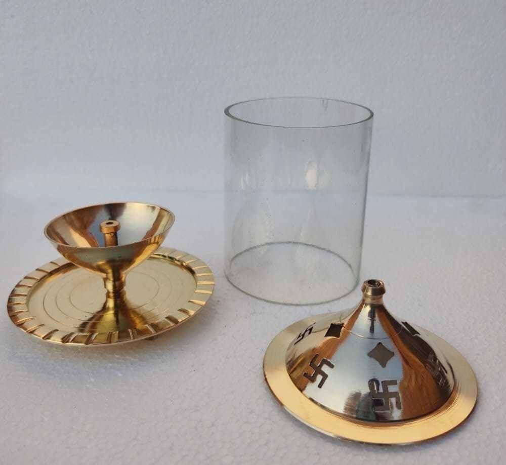Brass and Glass Akhand Deep Diya with Cover for Puja | Deepam Jyot Diya Oil Lamp