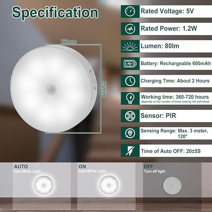 Motion Sensor Light for Home with USB Charging Wireless LED Night Light ( Pack of 2)