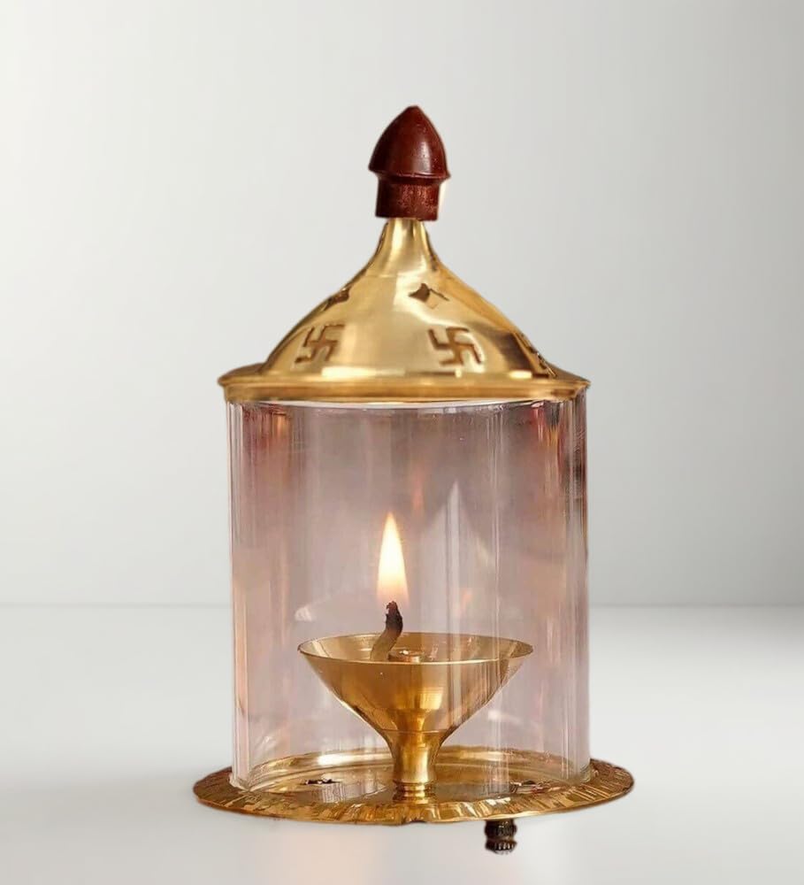 Brass and Glass Akhand Deep Diya with Cover for Puja | Deepam Jyot Diya Oil Lamp