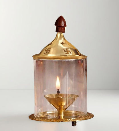 Brass and Glass Akhand Deep Diya with Cover for Puja | Deepam Jyot Diya Oil Lamp