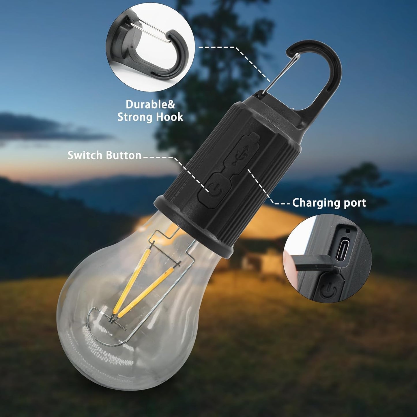 Decorative Hanging Bulb with 3 Modes Tent Lamp for Camping Pac of 2