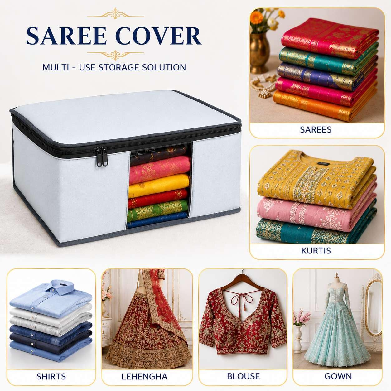 Foldable Saree Cover/Cloth Storage Bag/Wardrobe Organizer with Zip & Transparent Window (Pack of 6)