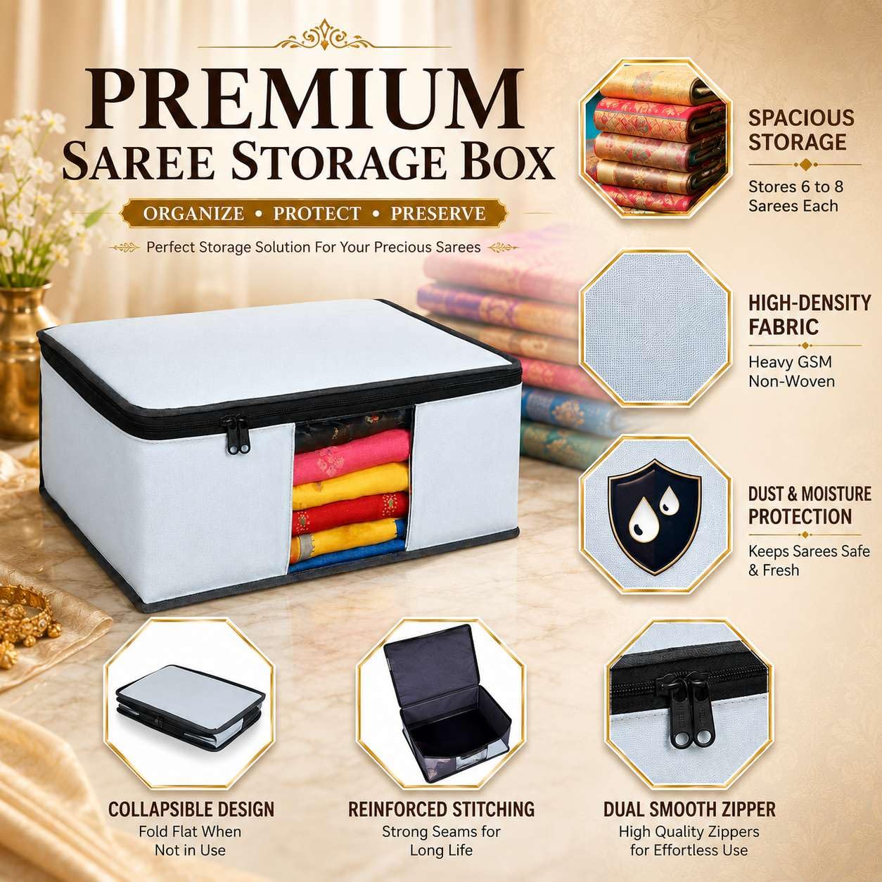 Foldable Saree Cover/Cloth Storage Bag/Wardrobe Organizer with Zip & Transparent Window (Pack of 6)