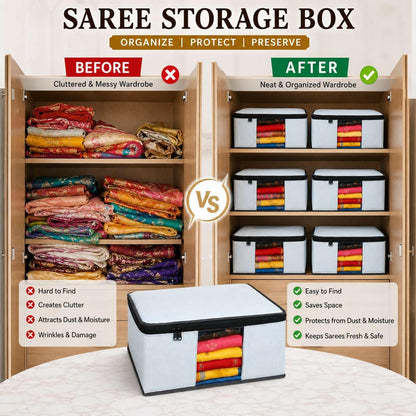 Foldable Saree Cover/Cloth Storage Bag/Wardrobe Organizer with Zip & Transparent Window (Pack of 6)